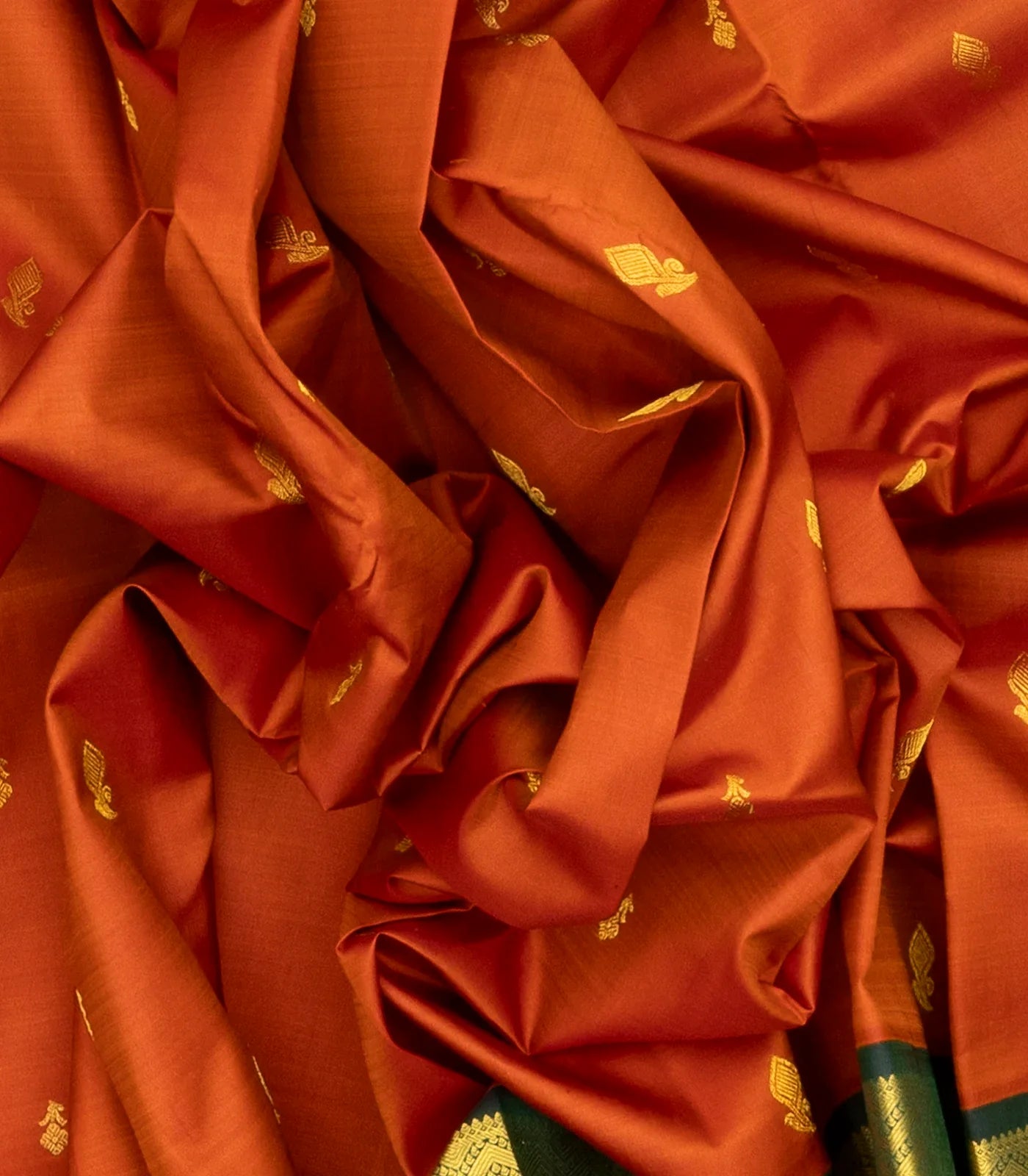 Rust Handloom Kanchipuram Korvai Silk Saree With Floral Buttas