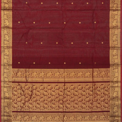 Crimson Handloom Kanchi Cotton Saree With Elephants, House and Lady Motifs in Border