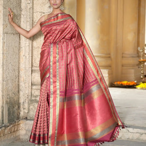 Crimson Handloom Kanchipuram Natural Dyed Silk Saree  with Meena Zari Checks