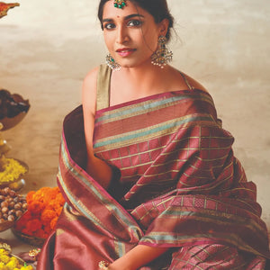 Crimson Handloom Kanchipuram Natural Dyed Silk Saree  with Meena Zari Checks