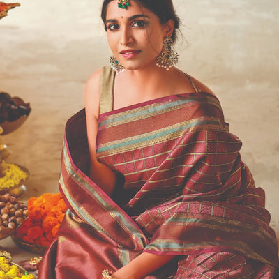 Crimson Handloom Kanchipuram Natural Dyed Silk Saree  with Meena Zari Checks