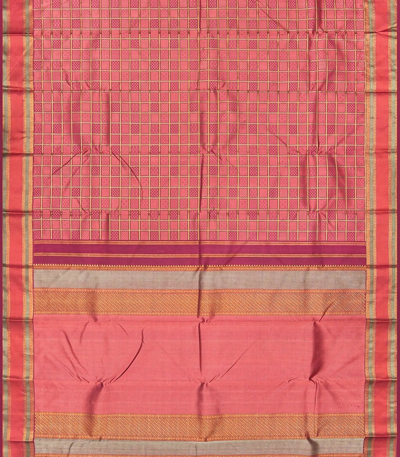 Crimson Handloom Kanchipuram Natural Dyed Silk Saree  with Meena Zari Checks