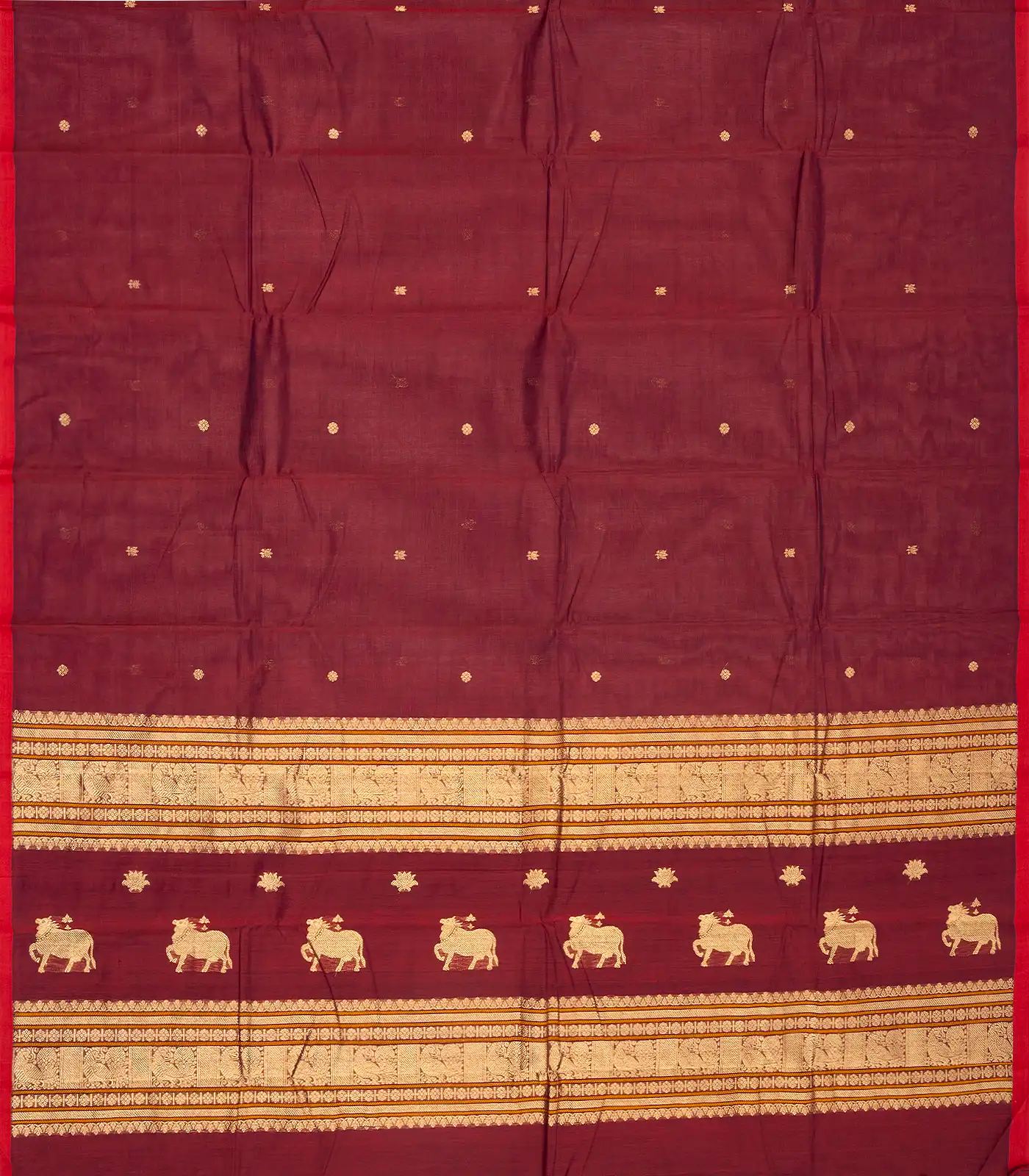 Crimson Handloom Kanchi Cotton Saree With Kamalam Buttas