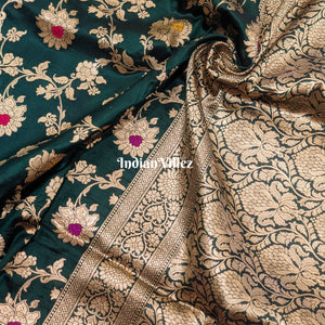 Forest Green Floral Motif Designer Meenakari Banarasi Silk Saree