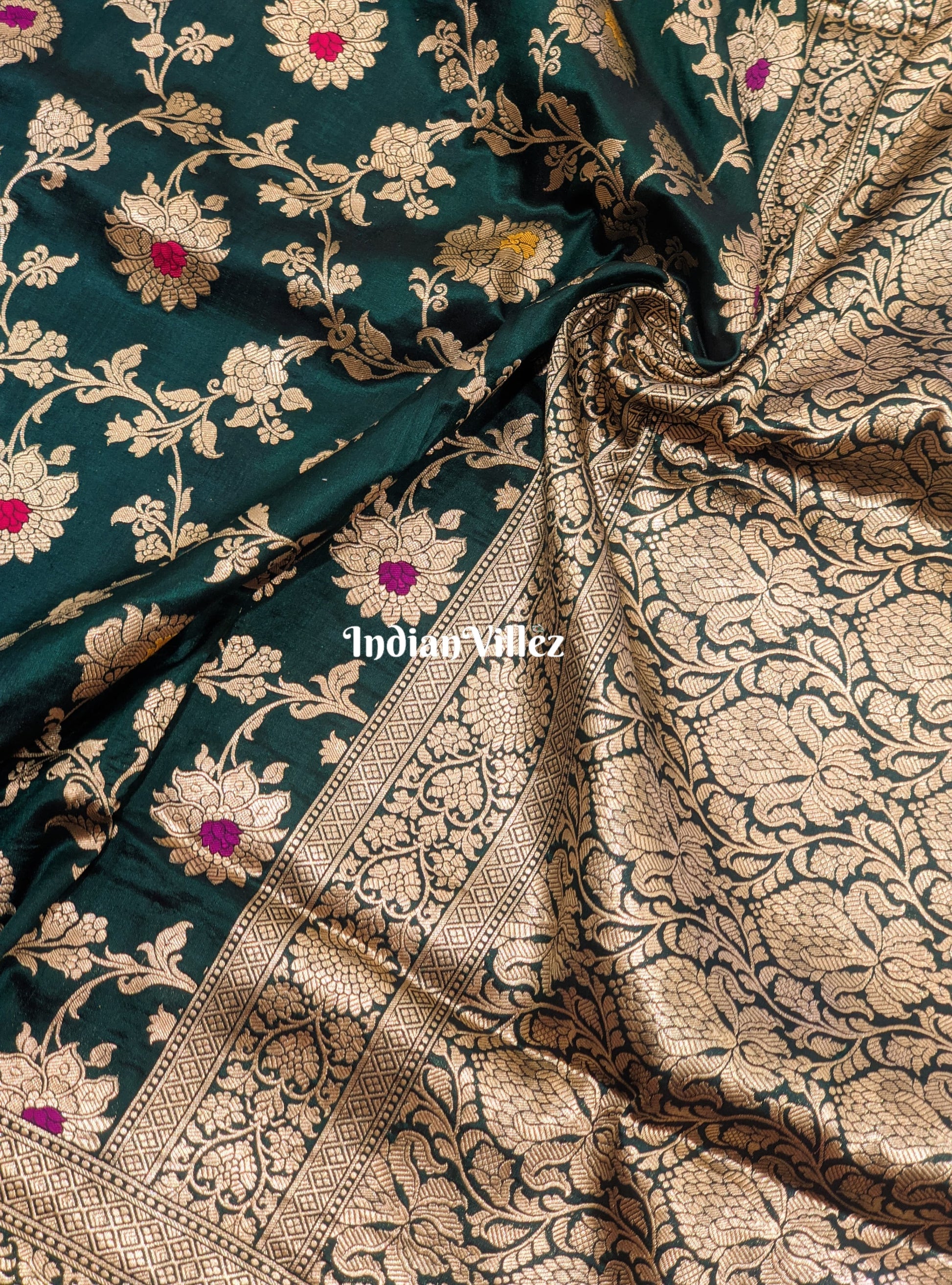 Forest Green Floral Motif Designer Meenakari Banarasi Silk Saree