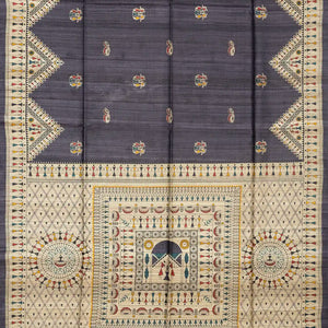 Dark Grey Handloom Tussar Silk Saree With Printed Tribal Motifs