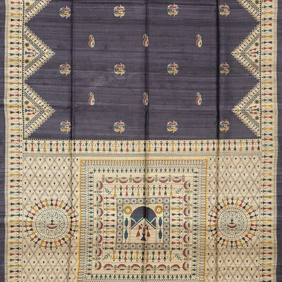 Dark Grey Handloom Tussar Silk Saree With Printed Tribal Motifs