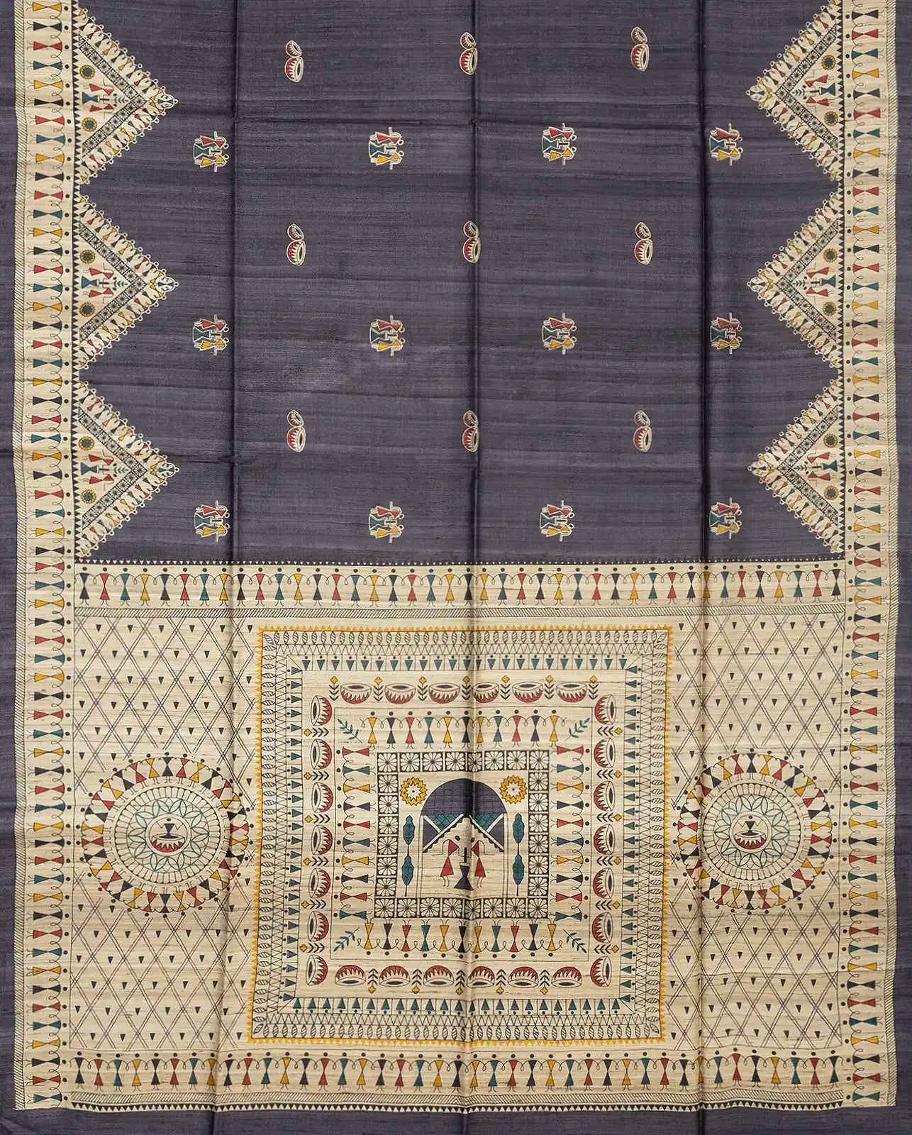 Dark Grey Handloom Tussar Silk Saree With Printed Tribal Motifs