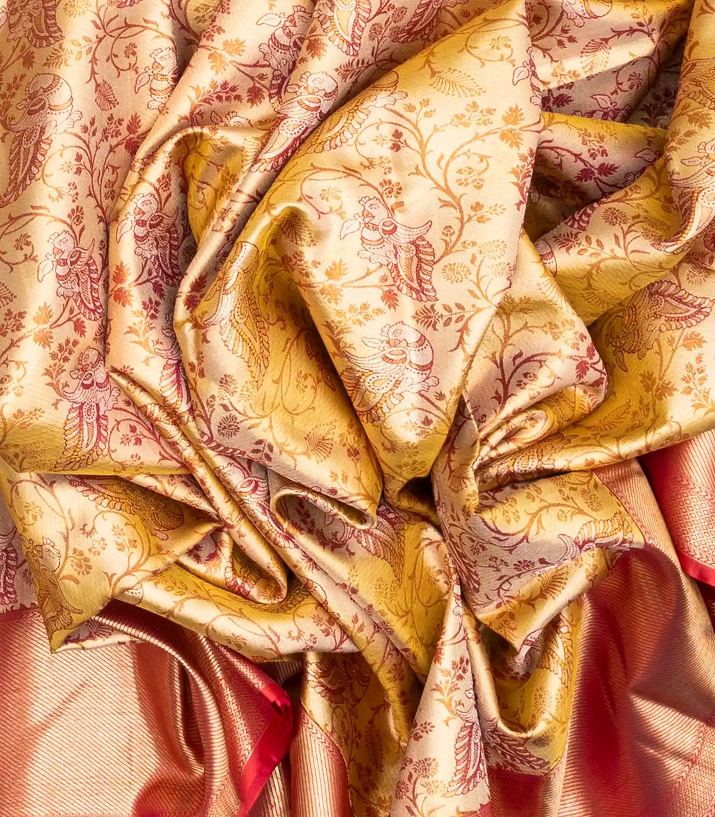 Gold Handloom Kanchipuram Tissue Silk Saree With Meena Peacock Motifs