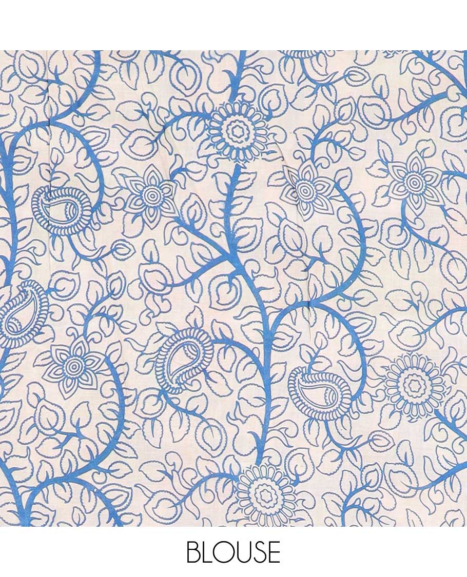 Cream floral machine-printed kalamkari cotton saree, contrast floral & chevron border & peacock pallu