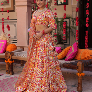 Creamy Crimson Blaze Printed Satin Lehenga Set