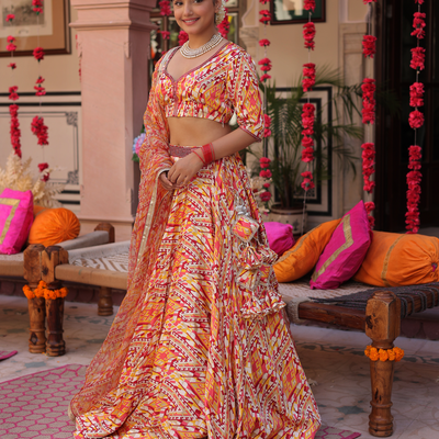 Creamy Crimson Blaze Printed Satin Lehenga Set