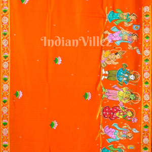 Orange Ramayan Theme Sita Agni Pariksya Pattachitra Saree