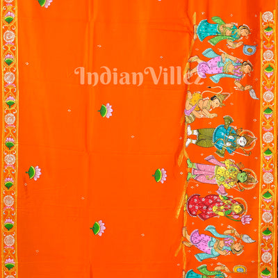 Orange Ramayan Theme Sita Agni Pariksya Pattachitra Saree