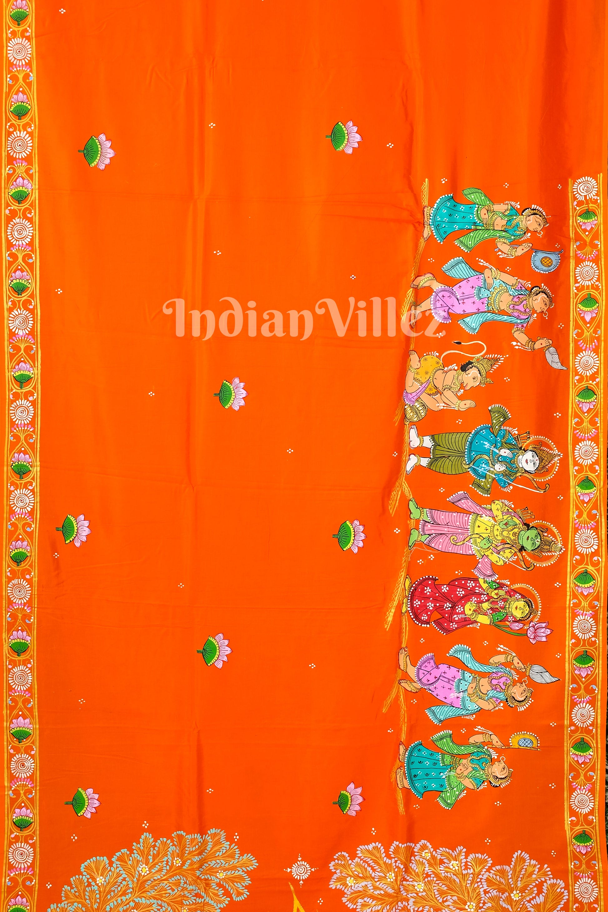 Orange Ramayan Theme Sita Agni Pariksya Pattachitra Saree