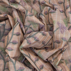 Light Peach Bengal Cotton Saree With Checks & Floral Motifs