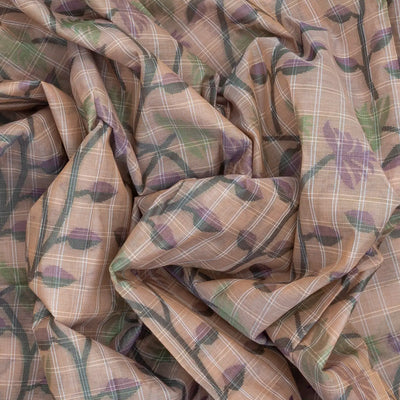 Light Peach Bengal Cotton Saree With Checks & Floral Motifs