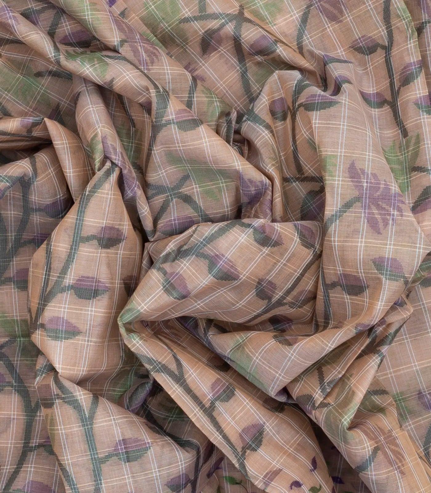 Light Peach Bengal Cotton Saree With Checks & Floral Motifs