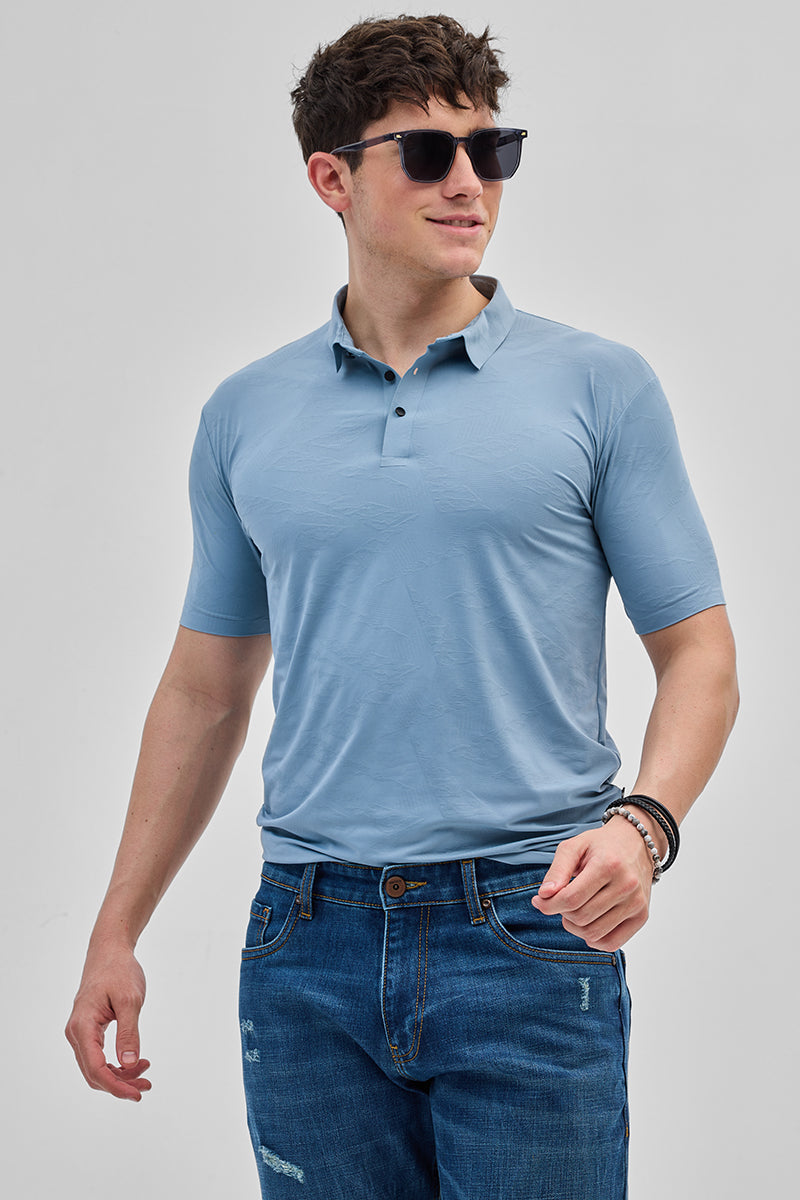 Blue Textured Stitchless Polo T-Shirt