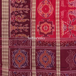 Red Odisha Ikat Sambalpuri Cotton Saree with Fish Line Motif & Border