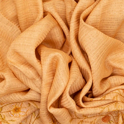 Peach Handwoven Linen Saree Printed With Floral Motifs