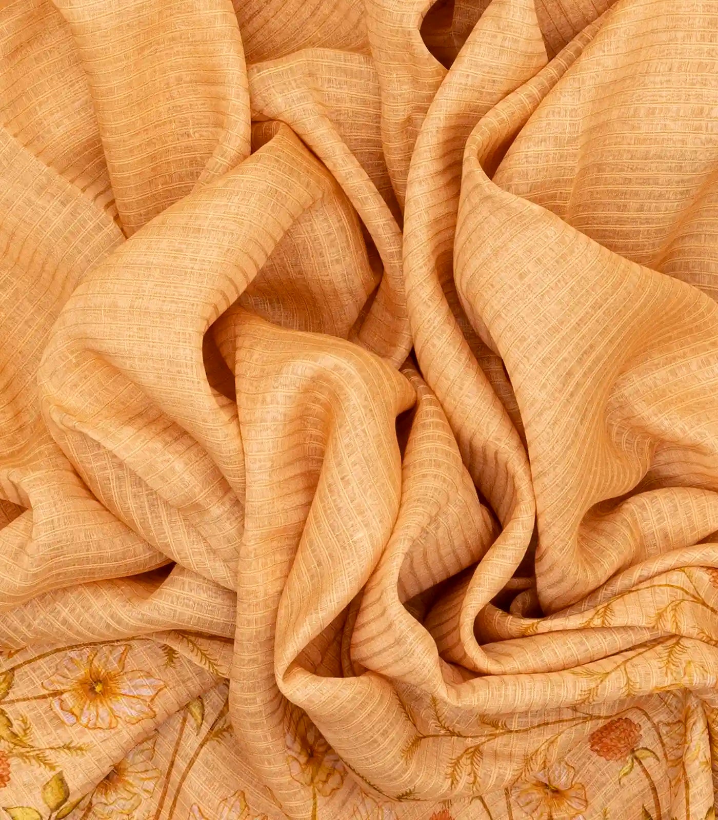 Peach Handwoven Linen Saree Printed With Floral Motifs