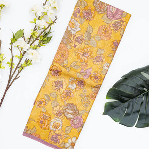 Yellow Woven Digital Printed Tussar Silk Saree With Floral Motifs