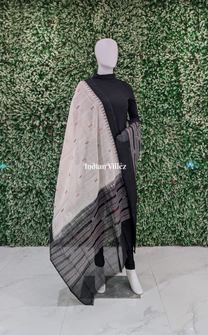 Black White Butta Design Sambalpuri Ikat Cotton Dupatta