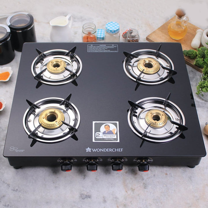 Ruby  4 Burner Glass Cooktop, Black Toughened Glass