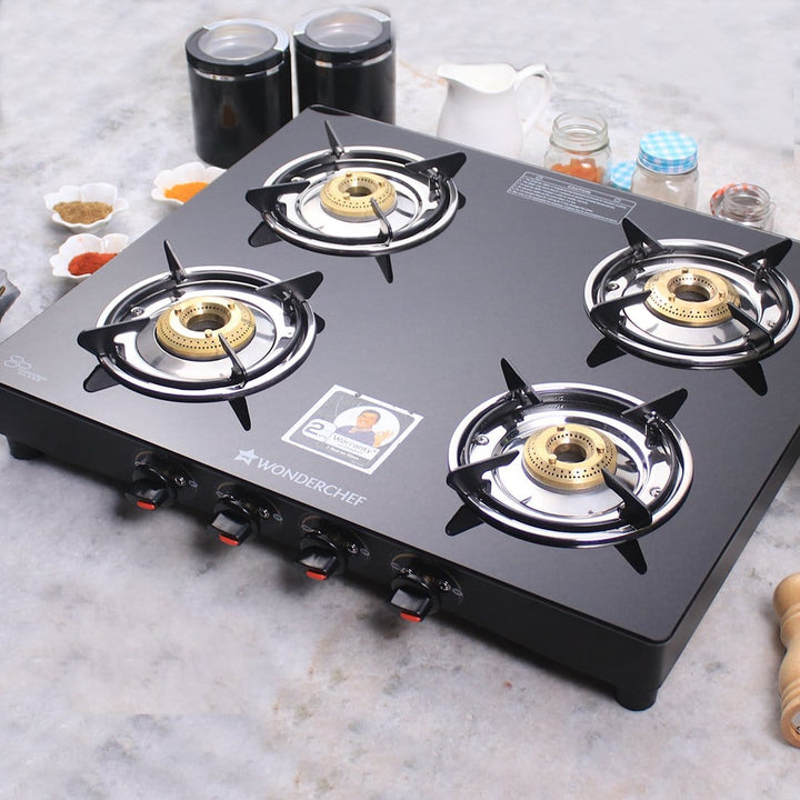 Ruby  4 Burner Glass Cooktop, Black Toughened Glass