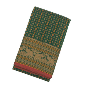 Dark Green Handloom Kanchi Cotton Saree With Checks & Chakaram Motifs.