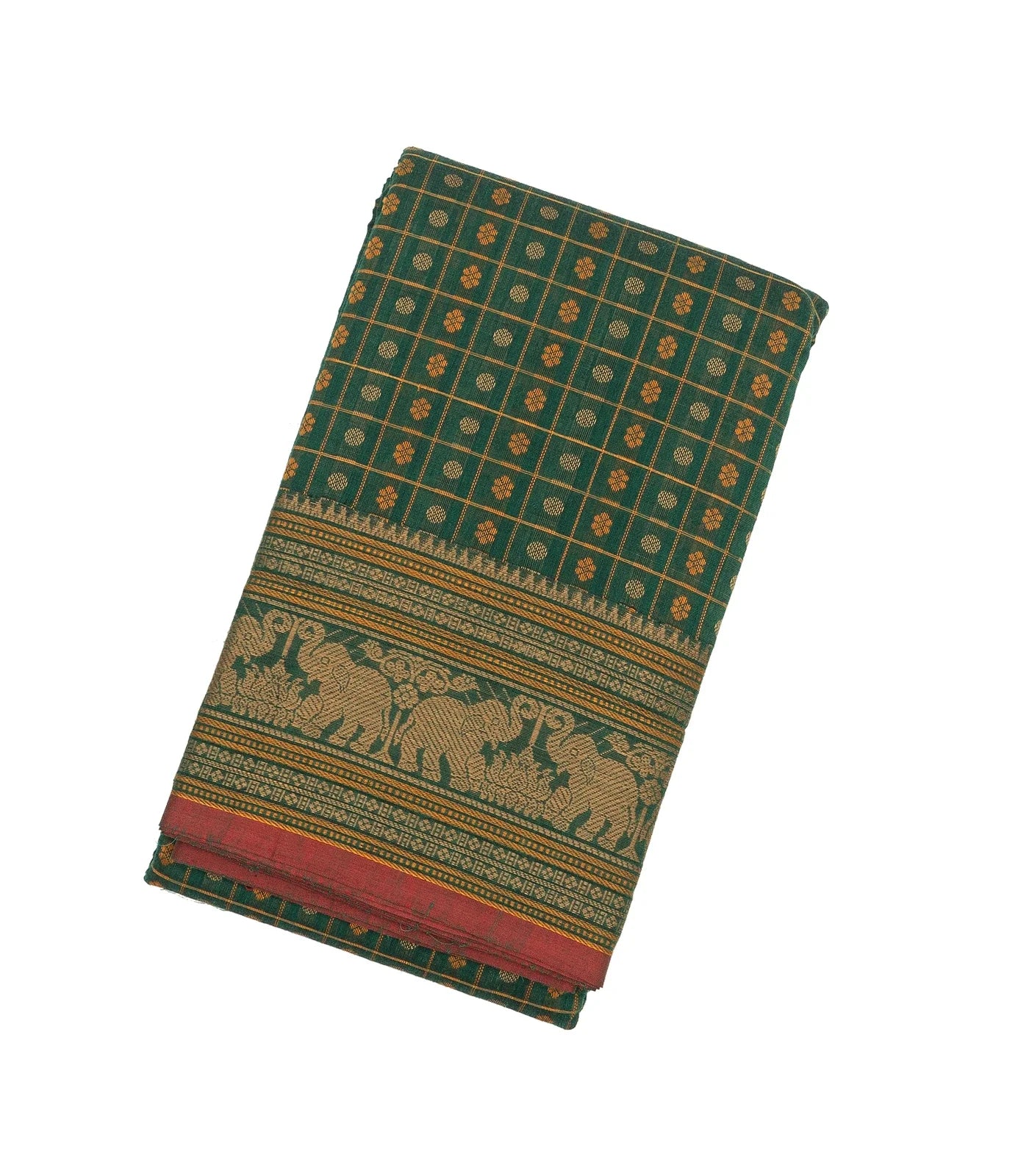 Dark Green Handloom Kanchi Cotton Saree With Checks & Chakaram Motifs.