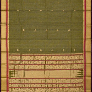 Shadow Green Handloom Kanchi Cotton Saree With Lotus Buttas