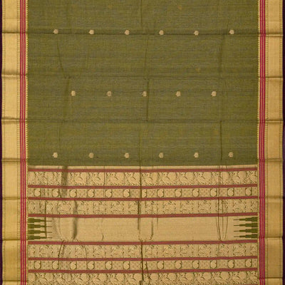 Shadow Green Handloom Kanchi Cotton Saree With Lotus Buttas