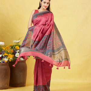 Dark Peach Tussar Silk Saree With Printed Floral Motifs