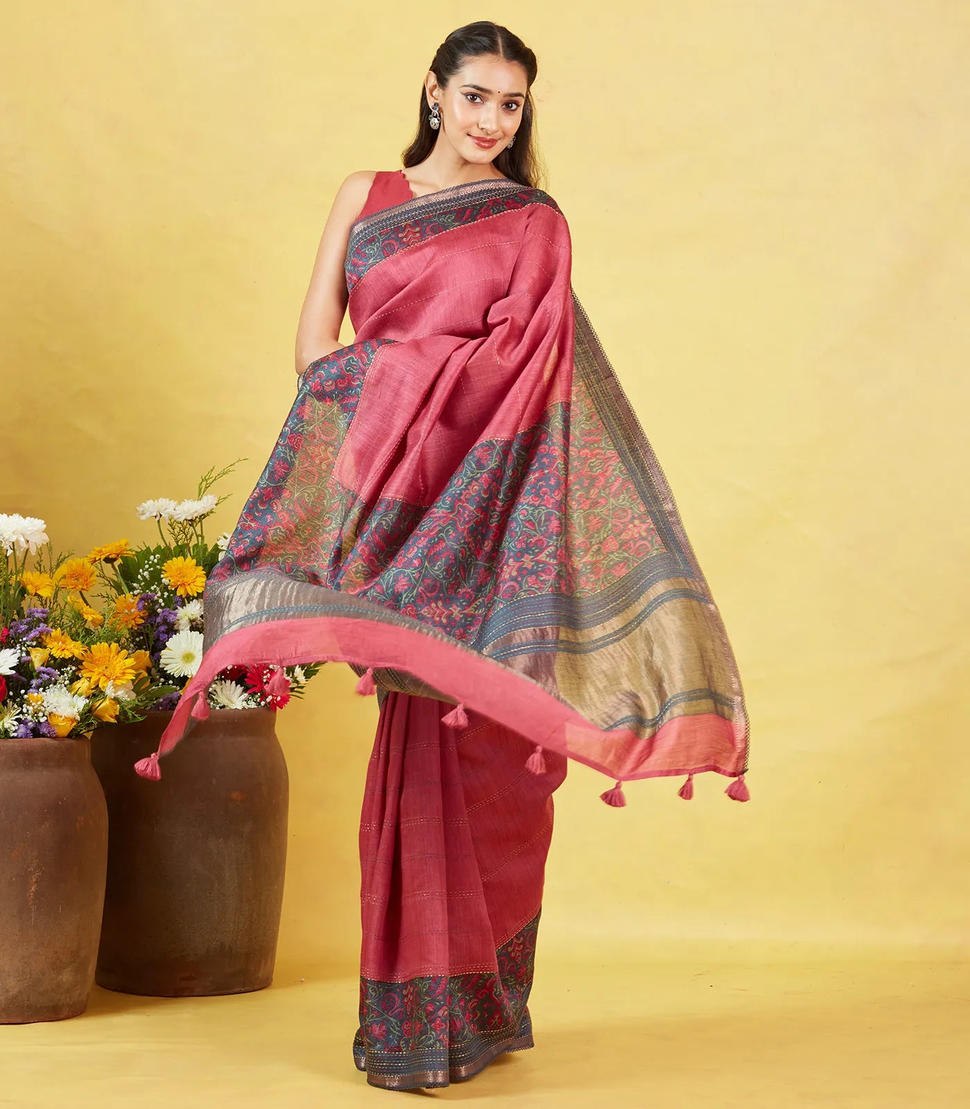 Dark Peach Tussar Silk Saree With Printed Floral Motifs