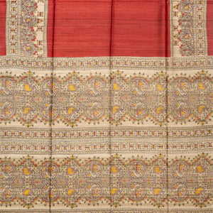 Crimson Handloom Tussar Silk Saree With Printed Fish Motifs