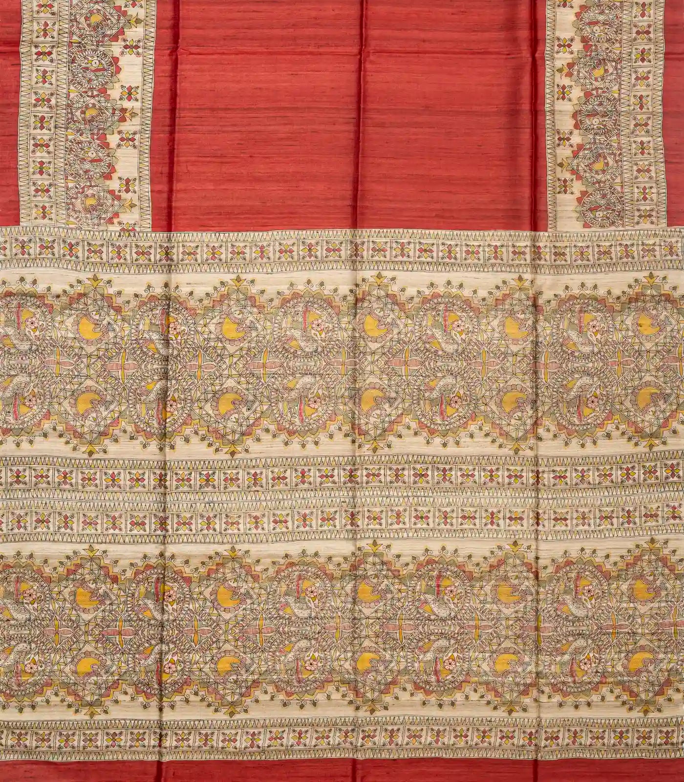 Crimson Handloom Tussar Silk Saree With Printed Fish Motifs