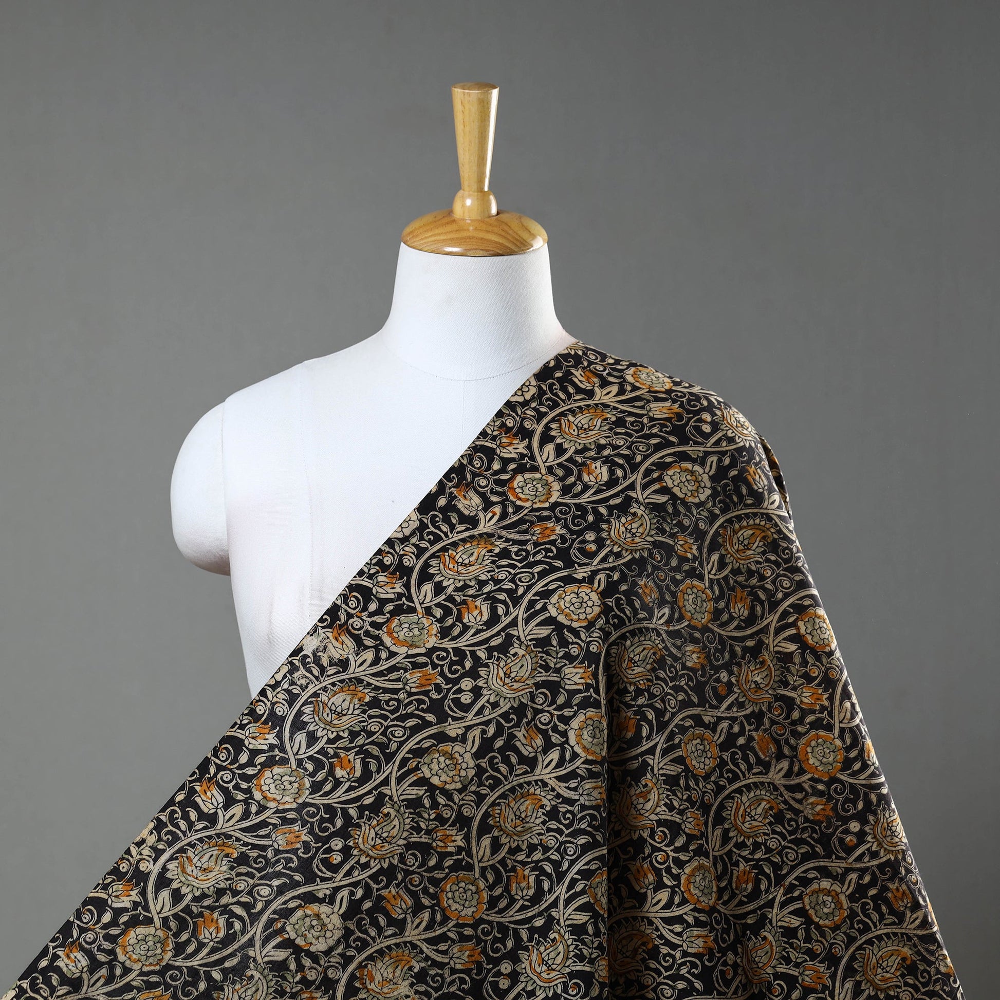 Black - Natural Dyed Block Print Cotton Kalamkari Fabric 10
