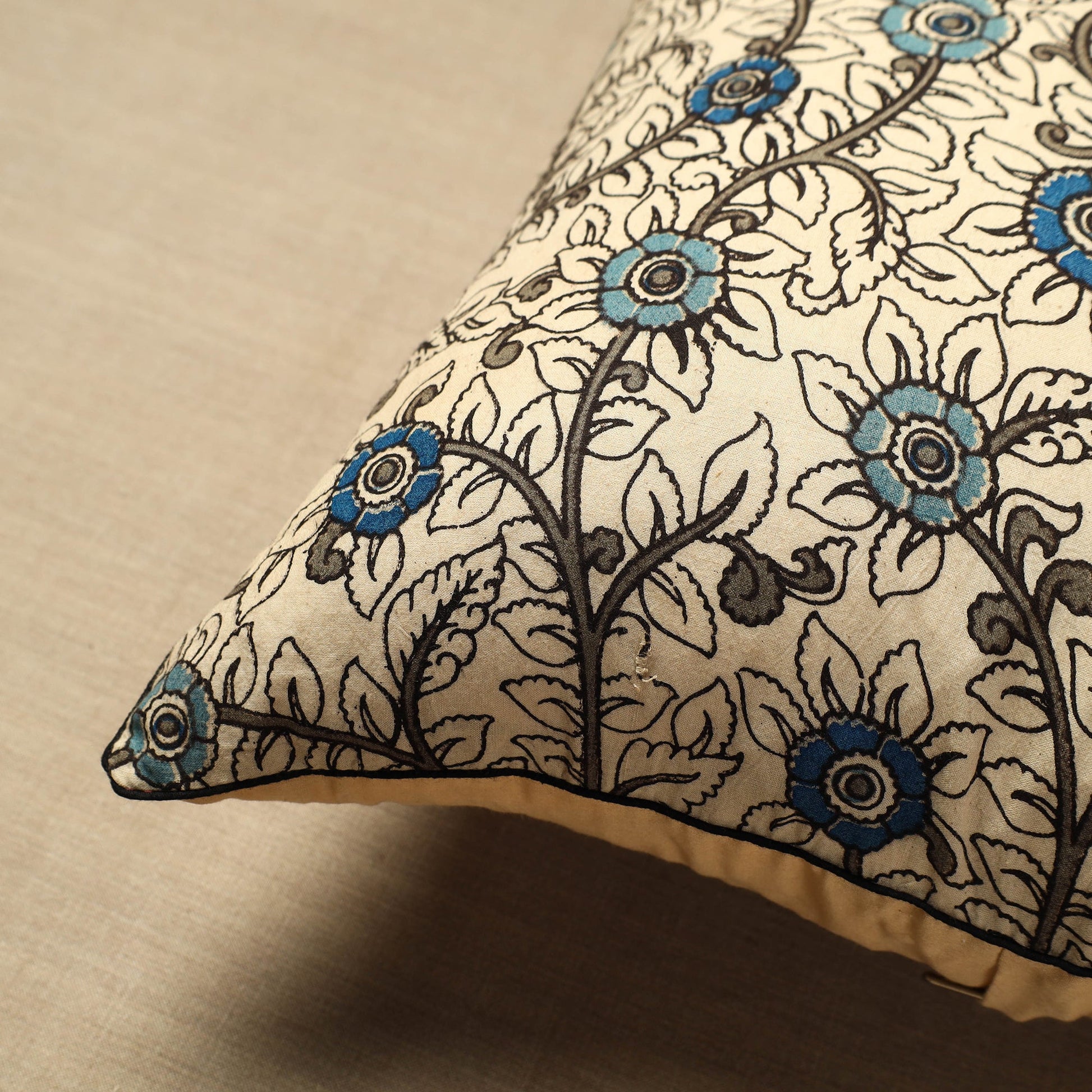 Beige - Cotton Printed Kalamkari Cushion Cover (16 x 16 in) 02