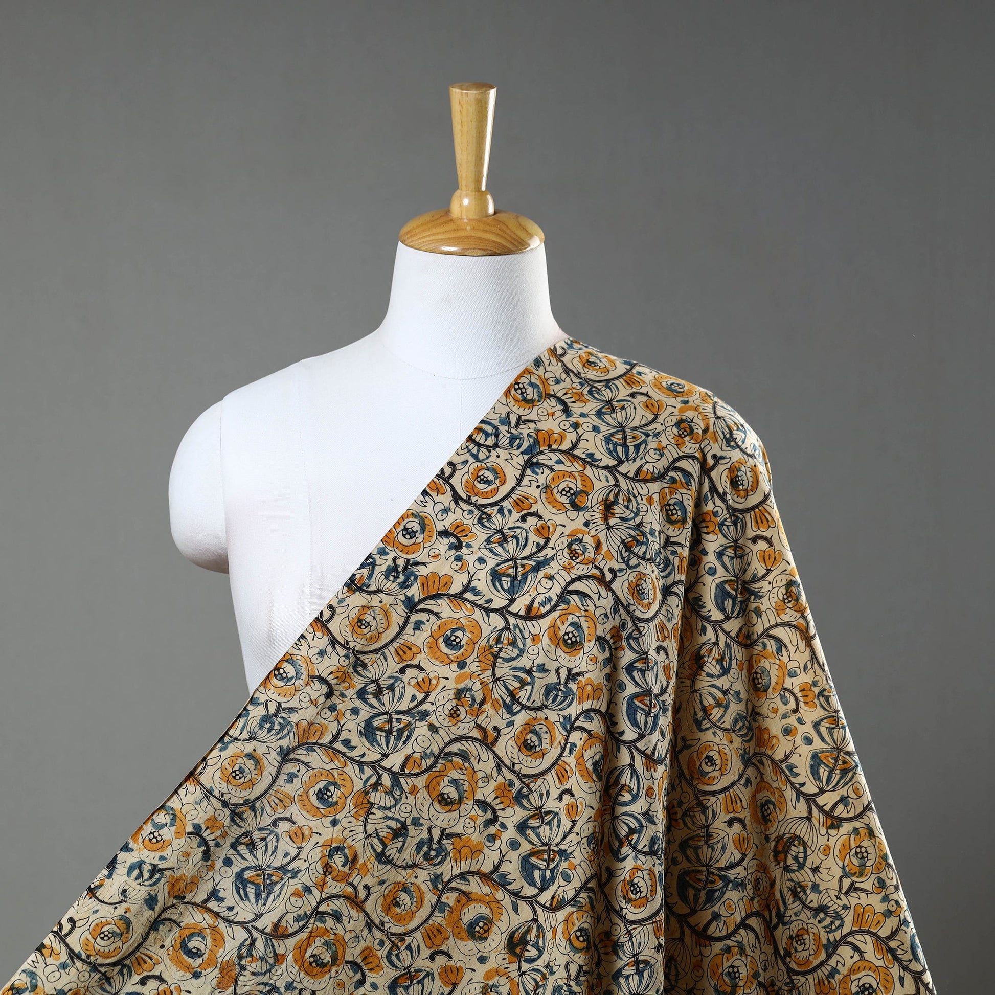 Beige - Natural Dyed Block Print Cotton Kalamkari Fabric 08
