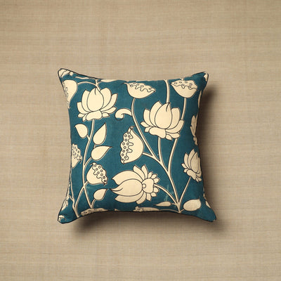 Blue - Cotton Printed Kalamkari Cushion Cover (16 x 16 in) 03