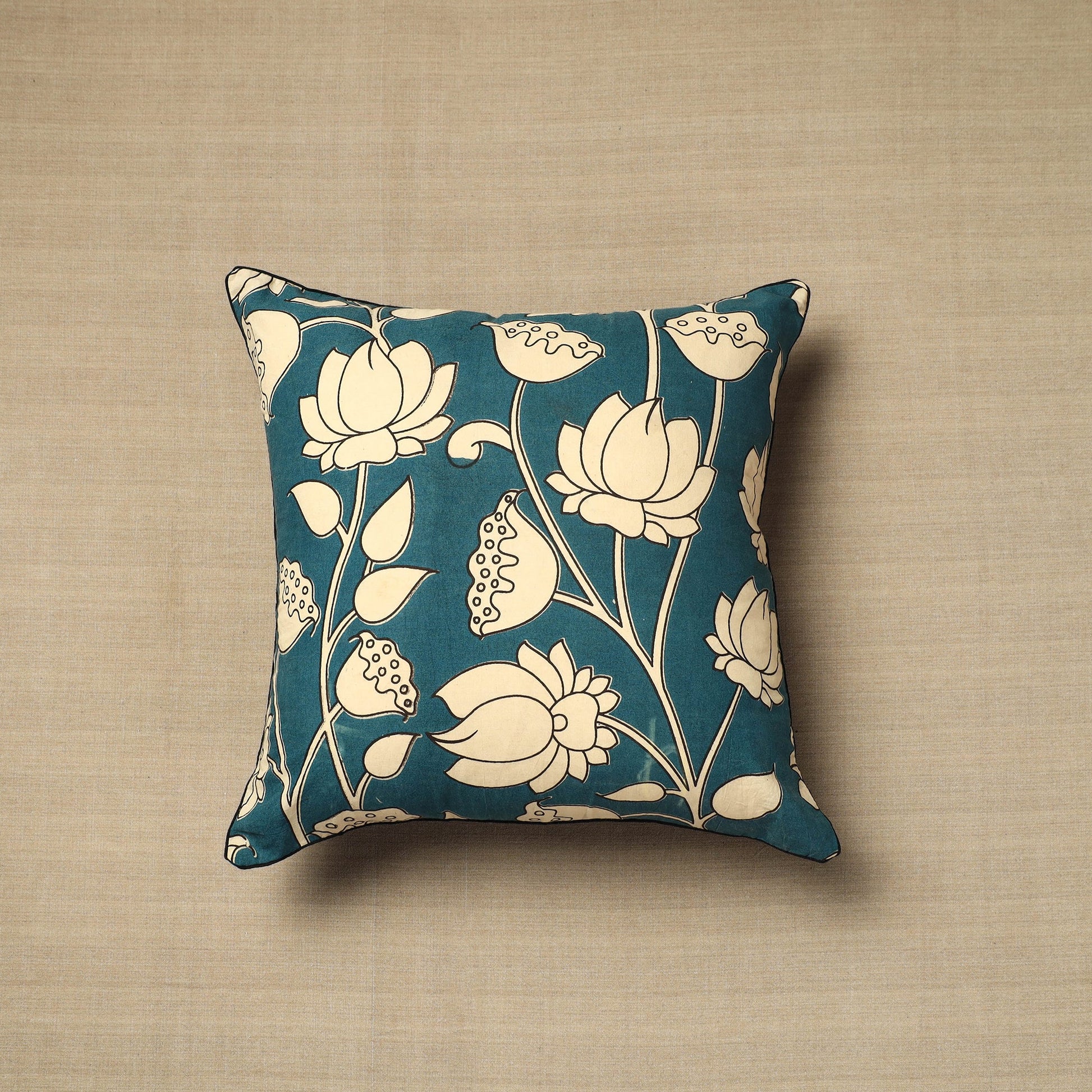 Blue - Cotton Printed Kalamkari Cushion Cover (16 x 16 in) 03