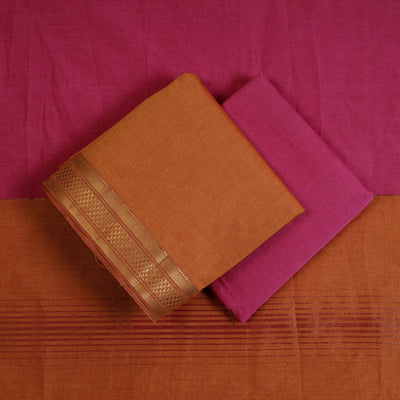 Brown - 3pc Mangalagiri Cotton Suit Material Set with Zari Border