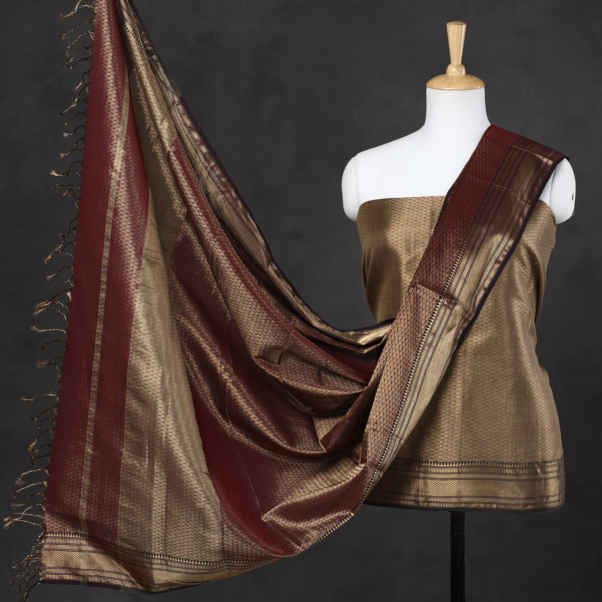 Brown - 2pc Tissue Zari Handloom Cotton Maheshwari Dress Material