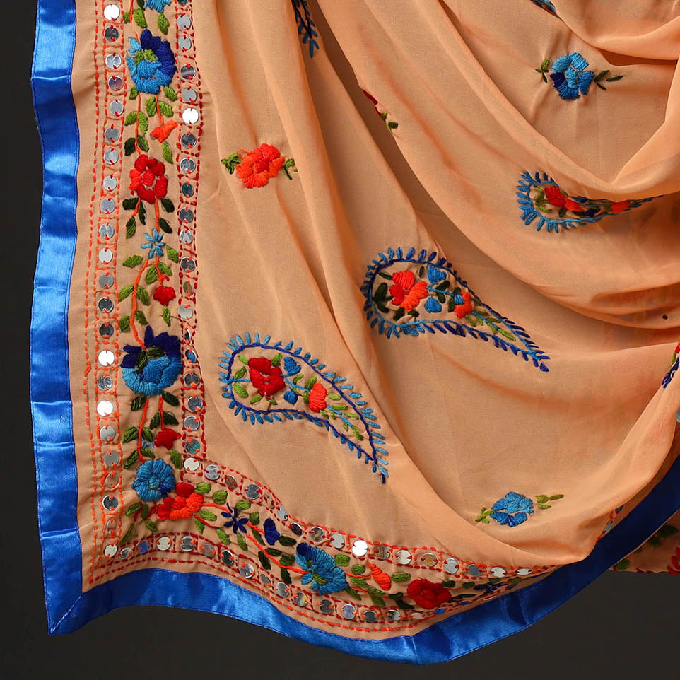 Brown - 3pc Phulkari Embroidery Chapa Work Georgette Suit Material Set 25
