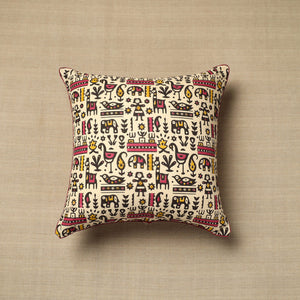 Beige - Cotton Printed Kalamkari Cushion Cover (16 x 16 in) 08