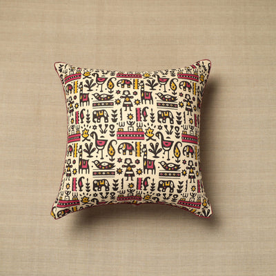 Beige - Cotton Printed Kalamkari Cushion Cover (16 x 16 in) 08