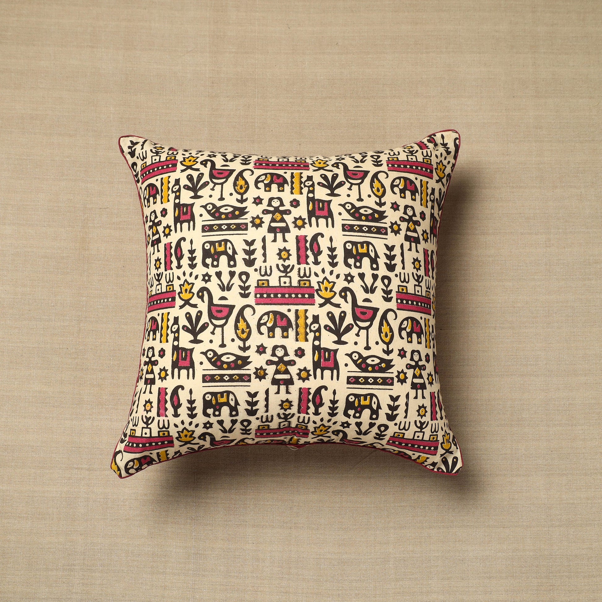 Beige - Cotton Printed Kalamkari Cushion Cover (16 x 16 in) 08