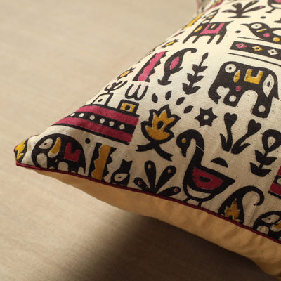 Beige - Cotton Printed Kalamkari Cushion Cover (16 x 16 in) 08